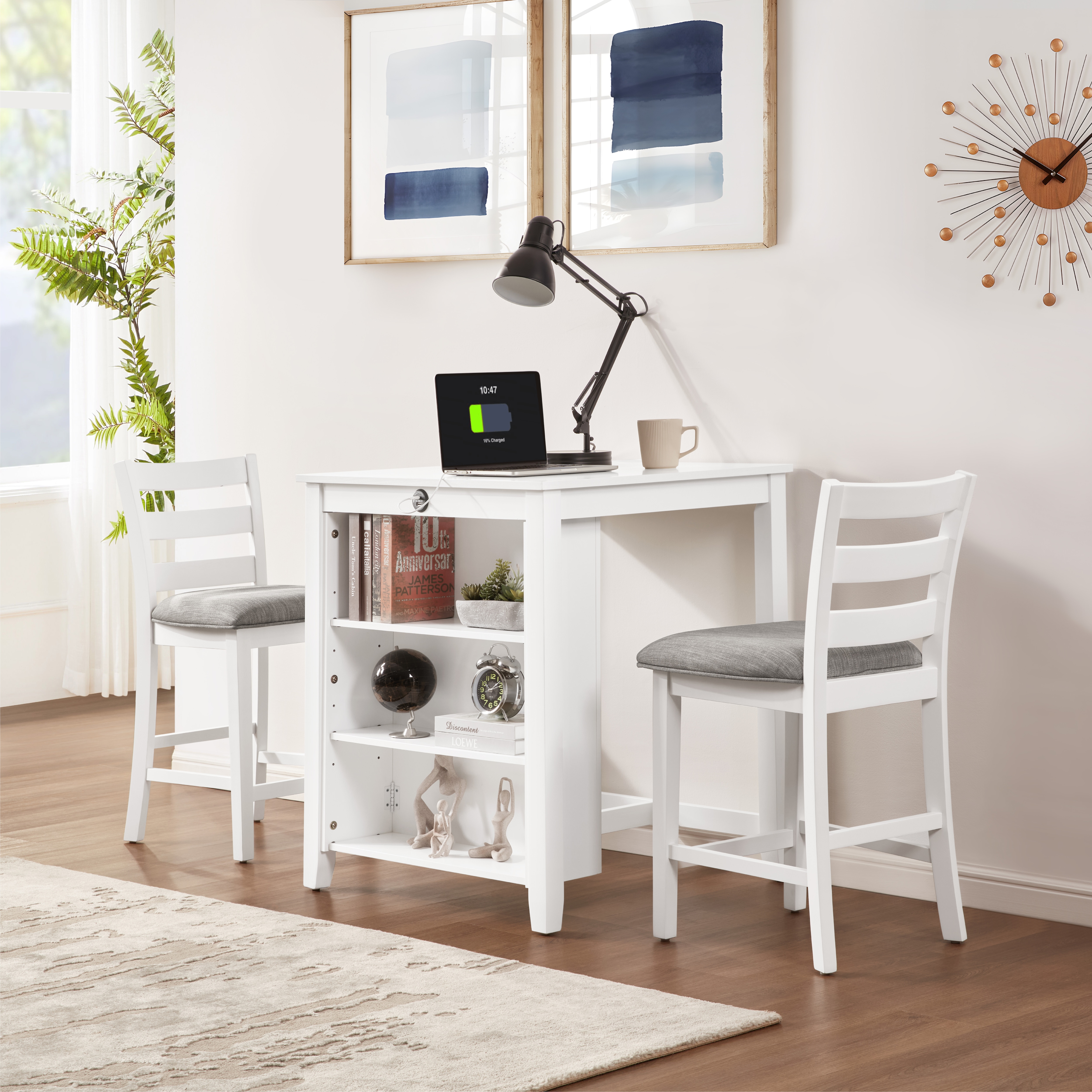30" Modern Dining Table Set for 2 with Charging Station & 3-Tier Adjustable Storage | Space-Saving Kitchen Set with Upholstered Chairs for Small Spaces, Apartment,White 30" Modern Dining Table Set for 2 with Charging Station & 3-Tier Adjustable Storage | Space-Saving Kitchen Set with Upholstered Chairs for Small Spaces, Apartment,White